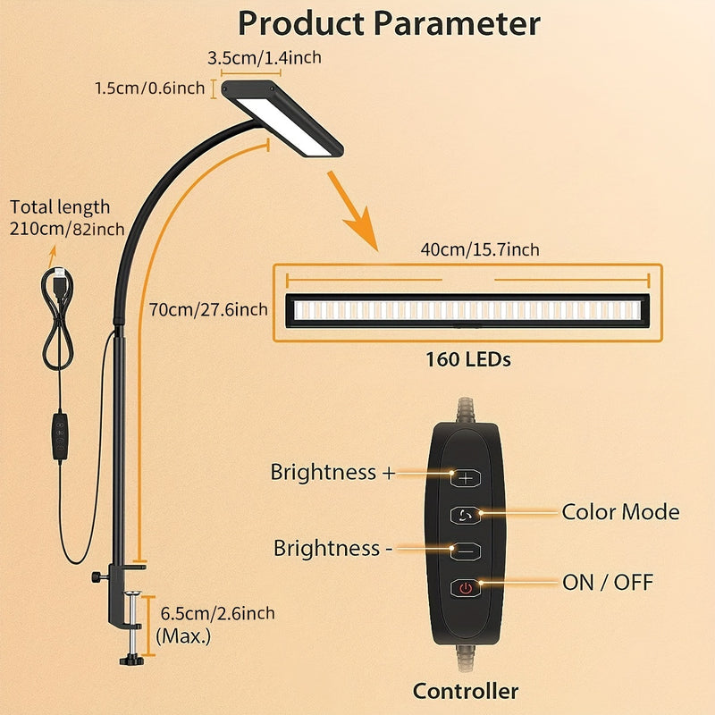 JYWDlights Adjustable LED Desk Lamp with Clamp - Eye-Care Technology, 3 Color Modes, 10-Level Brightness, Flexible Gooseneck, USB Powered, Ideal for Home Office & Study Area