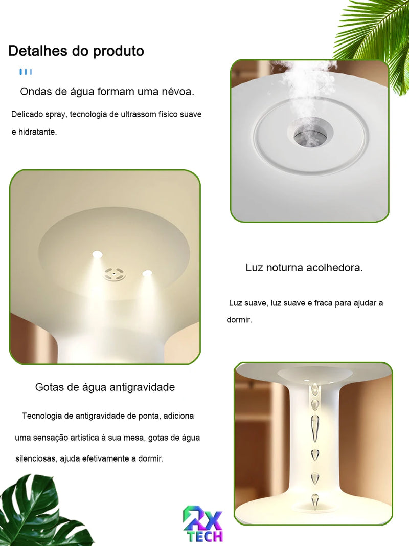 Umidificador de Ar com Luz de LED e Fluxo de Agua Invertido