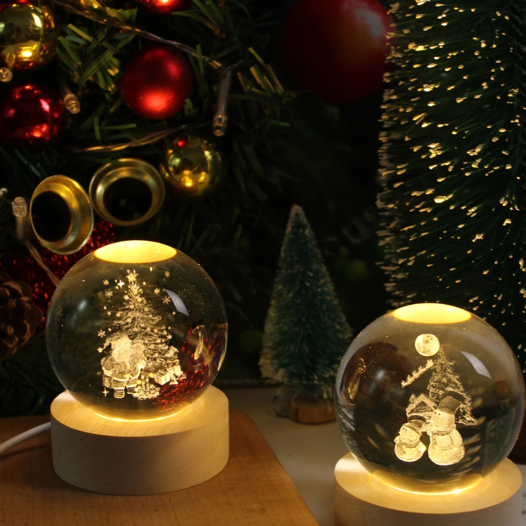 USB LED Night Light 3D Crystal Ball with Wooden Base Galaxy Moon Snowman LED Fairy Lamp for  Bedroom Home Decor Christmas Light