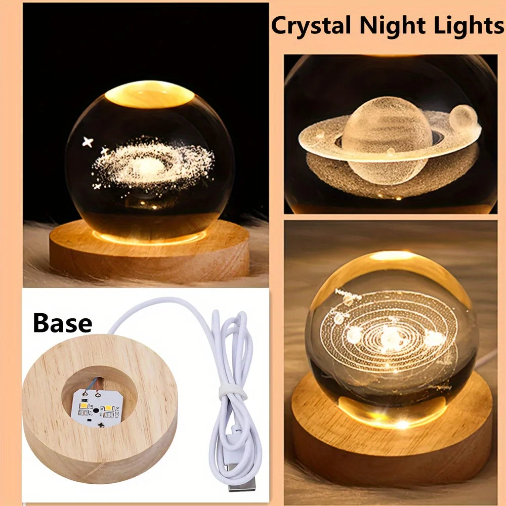 USB LED Night Light 3D Crystal Ball with Wooden Base Galaxy Moon Snowman LED Fairy Lamp for  Bedroom Home Decor Christmas Light