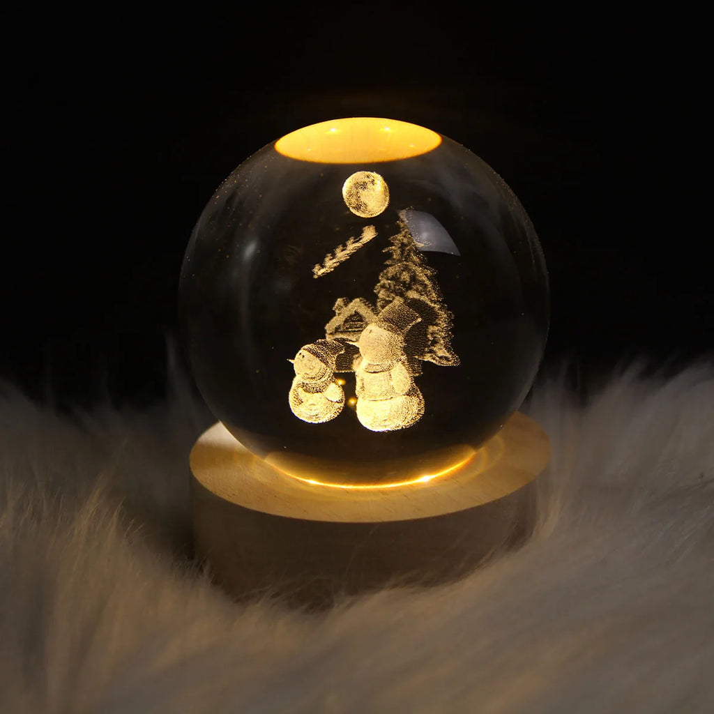 USB LED Night Light 3D Crystal Ball with Wooden Base Galaxy Moon Snowman LED Fairy Lamp for  Bedroom Home Decor Christmas Light
