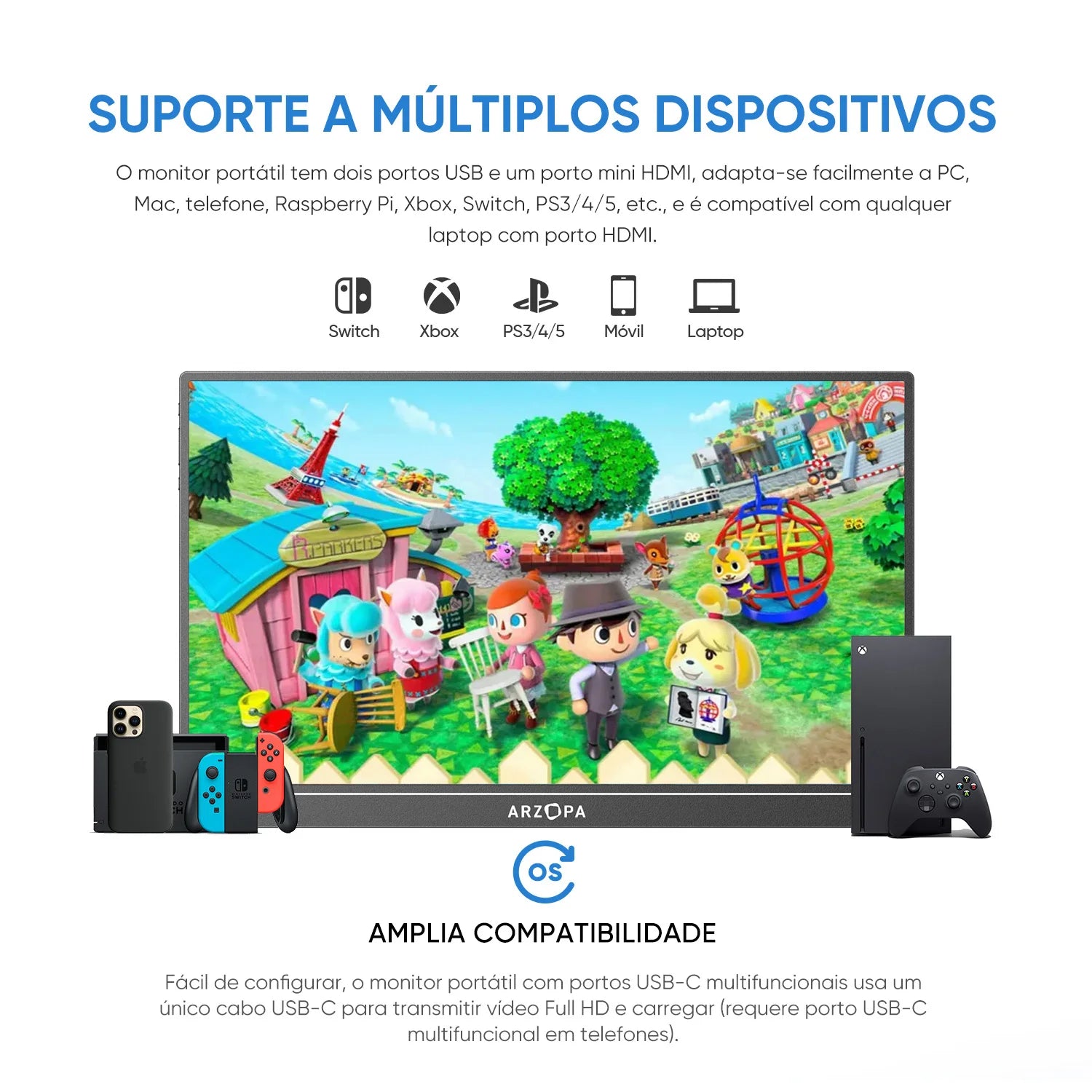 ARZOPA 15.6 inch Portable Monitor FHD 1080P IPS USB-C Mini-HDMI External Second Screen for Mac Laptop PC Switch Xbox PS4/5 Xbox