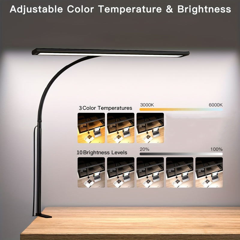 JYWDlights Adjustable LED Desk Lamp with Clamp - Eye-Care Technology, 3 Color Modes, 10-Level Brightness, Flexible Gooseneck, USB Powered, Ideal for Home Office & Study Area